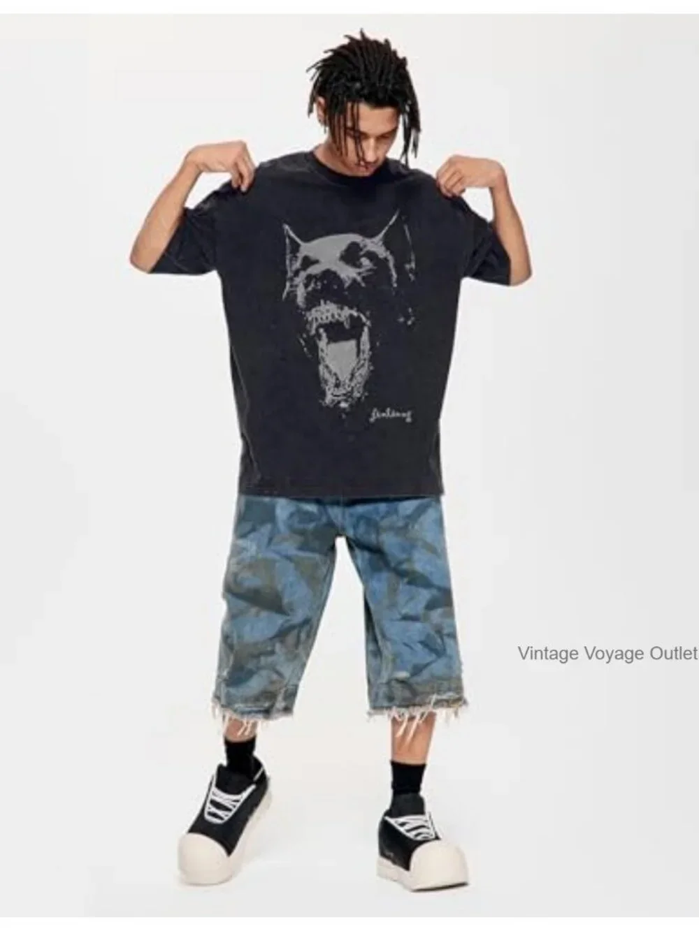 Oversized Washed Dog Graphic Tee Casual Streetwear Cotton Short Sleeve